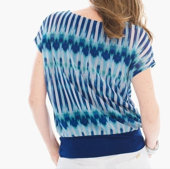✨️4/$20. CHICOS Ikat Banded Hem Blouse, Colorful Sheer Sleeve, 0 or S - Picture 3 of 14